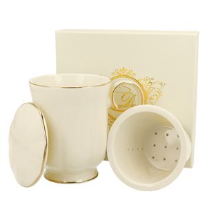 Ecru Clark Teebecher mit Teesieb & Deckel 320ml Goldrand Porzellan Kakao Tasse