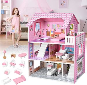 ACXIN Růžový domeček pro panenky Dřevěná velká vila pro panenky Dívčí hrací sada s nábytkem a doplňky Domeček pro panenky 3 patra Barby House Snadno sestavitelný, bezpečný a ekologický, 60x24x70cm