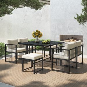 Flieks Gartenlounge-Set 6 Sitzer, Gartenmöbelset Balkonmöbelset 7-tlg., Terassenmöbel aus Seil, Gartenstuhl mit Hocker und Gartentisch, Gartengarnitur