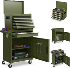 COSTWAY 2v1 dielenský vozík s kufríkom, 8 priehradiek, háčiky a nastaviteľná polica, vozík na náradie uzamykateľný na kolieskach do 100 kg bez náradia 59x28x102cm