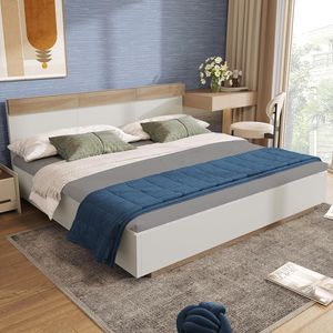 Fortuna-Lai Drevená manželská posteľ, drevený rám postele s čelom a lamelovým roštom, 180 x 200 cm, moderná závesná posteľ, futonová posteľ, posteľ pre dospelých a mládež, nábytok do spálne, biela a dub Sonoma