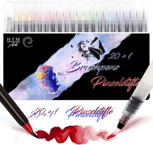 HTM Arts Premium Pinselstifte-Set I 12 + 1 Brushpen-Set, Flexible Pinselspitze inkl. Wassertank-Stift I Kalligraphie, Hand-Lettering, Aquarell