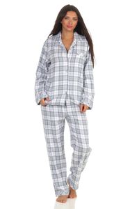 Damen langarm Flanell Pyjama Schlafanzug kariert - 202 201 15 602, Farbe:Karo blau, Größe:40/42