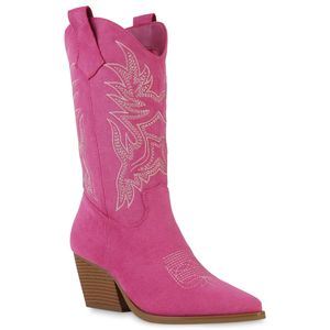 VAN HILL Damen Cowboystiefel Stiefel Stickereien Schuhe 840142, Farbe: Fuchsia Velours, Größe: 38