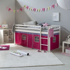 Homestyle4u 538, Kinder Hochbett Mit Leiter, Vorhang Pink, Massivholz Kiefer Weiß, 90x200 cm