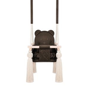 Indoor-Babyschaukel von Guguplanet Braun: Mit Sicherheitsgurten, Teddybär-Design, Holzrahmen, Anpassbares Seil, Einfach zu montieren