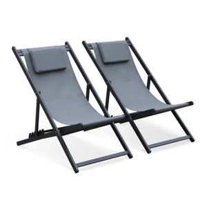 Set mit 2 Sonnenliegen - Gaia grau - Liegestuhl aus anthrazitfarbenem Aluminium und grauem Textilene mit Kopfstützenkissen, Liegestuhl