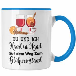 Trendation - Glühwein Tasse Lustig Spruch Glühweinbecher mit Henkel Doppelwandig Glühweintassen Gläser Weihnachtsmarkt Becher Tassen Geschenk - Hand In Hand Zum Glühweinstand (Blau)