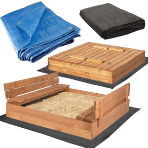 150 cm Holz Sandkasten mit Sitzbänken Massivholz Extra gratis - Vlies und Abdeckplane Imprägniert Sandkasten Sandbox