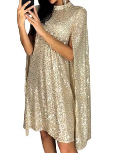 Damen Abendkleider Minikleider Langarm Party Kleid Festliches Pailletten Cocktailkleid Gold,Größe L