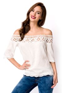 Atixo Damen Sommer-Bluse Oberteil Tunika Shirt mit Häkelspitze, Größe:S, Farbe:Creme