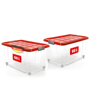 2x 60 L Aufbewahrungsbox mit Deckel groß rollbar rot - stabile & robuste Box