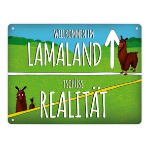 Metallschild XL mit Lama Motiv und Spruch: Willkommen im Lamaland Schild