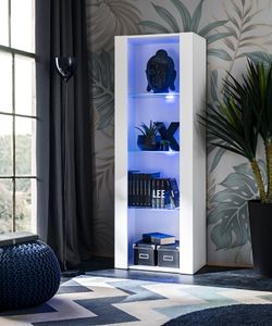 Komodee | Vitrine Schrank Tivoli mit 3 Regalböden, Korpus Weiß Matt Frontfarbe Weiß Matt, LED Blau