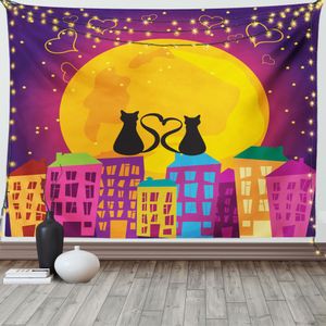 ABAKUHAUS Katze Wandteppich, Katzen auf dem Dach Herz, Wohnzimmer Schlafzimmer Heim Seidiges Satin Wandteppich, 200 x 150 cm, Orange Lila