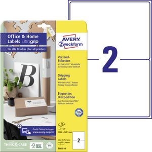 Avery Zweckform 7168-10 Versand-Etiketten, Home Office, Kleinpackung, A4 mit ultragrip, 199,6 x 143,5 mm, 10 Bogen/20 Etiketten, weiß