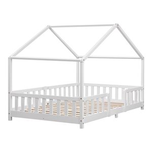 Kinderbett Treviolo mit Rausfallschutz 120x200cm Hausbett mit Lattenrost und Gitter Bettenhaus aus Holz Spielbett Weiß