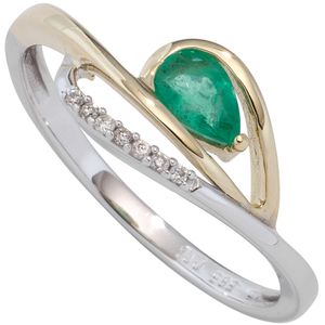 JOBO Damen Ring 585 Weißgold Gelbgold bicolor 1 Smaragd grün 7 Diamanten Brillanten Größe 54