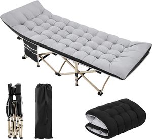Yaheetech Feldbett mit Matratze Campingbett klappbar Gästebett mit Tragetasche Seitentasche Gartenliege bis 150kg Belastbar Grau Matratze+Schwarz Bett