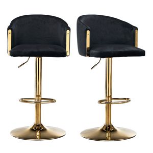 2er-Set Barhocker aus Samt mit goldener Basis, höhenverstellbar 85,5–107 cm, 360° drehbar, ergonomische Rückenlehne, Armlehnen, rutschfesr, Schwarz 2er-Set Barhocker aus Samt mit goldener Basis, höhenverstellbar 85,5–107 cm, 360° drehbar, ergonomische Rückenlehne, Armlehnen, rutschfesr, Schwarz