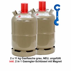 2x Propan-Gasflasche 11 kg grau Neu, leer, inkl.  Gasreglerlöser mit Magnet + Schlüssel 17mm  für Überwurfmutter 1/4"