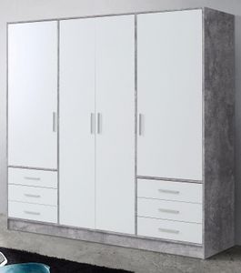 Kleiderschrank Jupiter weiß und Beton grau Drehtürenschrank 4-türig, 6 Schubladen 207 x 200 cm