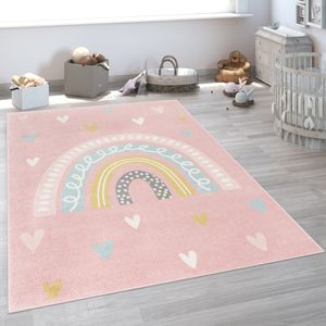 Kinderteppich Teppich Kinderzimmer Junge Mädchen Pastell Regenbogen Herz Rosa Grösse 120x160 cm