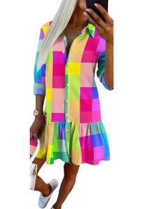 Damen Sommerkleider Minikleid Hemdkleid Casual Button Down Strandkleid Freizeitkleider Regenbogenplaid,Größe 2xl
