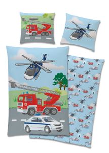 Kinder Bettwäsche Set Polizei Auto Hubschrauber Feuerwehr 135 x 200cm  80 x 80cm 100% Baumwolle Renforce / Linon mit Reißverschluss