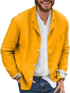 Herren Baumwolle Leinen Freizeitanzug Mantel Revers Button-Down Blazer Jacke Strickjacke Tops,Farbe: Gelb,Größe:XXL