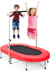 GOPLUS Trampolin für 2 Kinder, 5 stufiger Verstellbarer Handlauf, Klappbares Kindertrampolin für Indoor/Outdoor, Fitness-Trampolin für Kinder/Erwachsene, belastbar bis 150 kg (Rot)