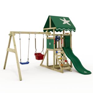 WICKEY Spielturm Klettergerüst DinkyStar mit Schaukel & Rutsche, Kletterturm mit Sandkasten, Leiter & Spiel-Zubehör – grün