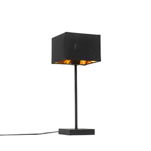 QAZQA - Moderne Tischlampe schwarzer Stoffschirm schwarz mit Gold I Messing - VT 1 I Wohnzimmer I Schlafzimmer - Textil Quadratisch - LED geeignet E27