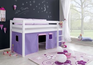 Relita Halbhohes Spielbett ALEX Buche massiv weiß lackiert mit Stoffset Vorhang , purple/rosa