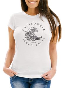 Damen T-Shirt Welle Wave California Ocean Drive Surf Summer Slim Fit Neverless® weiß M