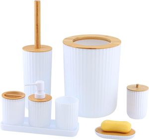 8 Stück Badezimmer Zubehör Set, Seifenspender Set Aus Bambus, Badezimmerset Mit Lotionspender, Mülleimer, Seifenschale, Zahnbürstenhalter, Zahnputzbecher, Toilettenbürste Und Tablett, Weiß