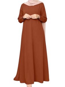 Damen Sommerkleider Rundhals Kleider Lose Langes Kleid Langarm Muslimisches Langes Roben Orange,Größe 3XL