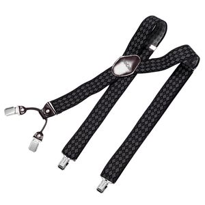 DonDon Herren Hosenträger 3,5 cm breit 4 Clips mit braunem Leder in Y-Form elastisch und längenverstellbar - Rauten schwarz grau weiß