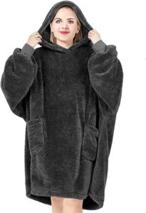 WOLTU Hoodie Decke mit Ärmeln und Kapuze Kuscheldecke flauschig warm Pullover Decke zum Anziehen Erwachsene, Deckenpullover für den Winter Anthrazit, 107x90 cm