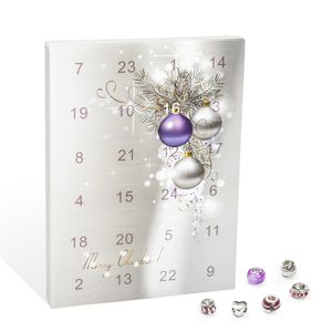 VALIOSA Merry Christmas Mode-Schmuck Adventskalender mit Halskette, Armband + 22 individuelle Perlen-Anhänger aus Glas und Metall, das besondere Geschenk für Mädchen und Frauen, lila, 24-teilig (1 Set)