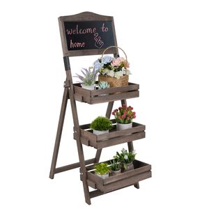 WISFOR Standregal Blumentreppe mit 3 Ebenen, Klappbar Bücherregal Leiterregal mit Kreidetafel für Wohnzimmer Schlafzimmer Küche Büro