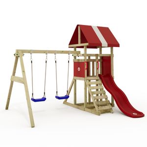 WICKEY Spielturm Klettergerüst DinkyHouse mit Schaukel & Rutsche, Kletterturm mit Sandkasten, Leiter & Spiel-Zubehör – rot