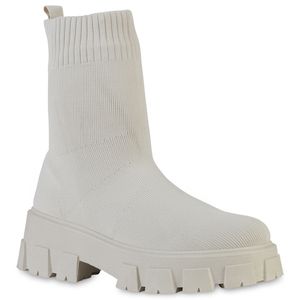 VAN HILL Damen Stiefeletten Plateau Boots Profil-Sohle Strick Schuhe 838376, Farbe: Beige, Größe: 39