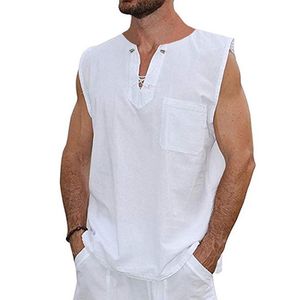 Herren Baumwolle Leinen Weste Lässige Lose Tank Top T-Shirt Ärmellose Pullover Bluse,Farbe: Weiß,Größe:XXL