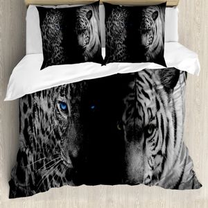 ABAKUHAUS Leopard Bettbezug, Wilder Leoparden, Milbensicher Allergiker geeignet mit Kissenbezügen, 155 cm x 220 cm - 80 x 80 cm, Schwarz Weiß Blau