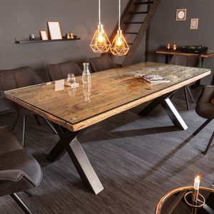 riess-ambiente Massivholz Esstisch BARRACUDA 220cm natur Teak inkl. Glasplatte schwarze Metallbeine X-Gestell Esszimmertisch Konferenztisch Tisch