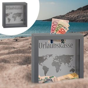 Spardose "Urlaubskasse" B14.5cm Sparbüchse Gelddose Bilderrahmen MDF Glas Geldgeschenk
