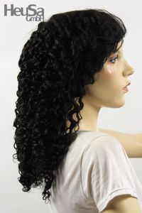 Schwarze Perücke Echthaar lang lockig Frauenperücke echtes Haar 61 cm handgeknüpft