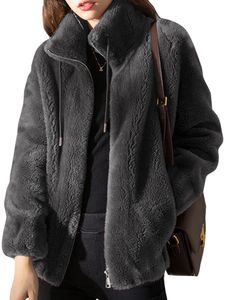 Frauen Stehen Kragen Mockt Winter Warme Langarm Outwear Plüsch Strickjacken Sherpa Jacken,Farbe:Grau,Größe:Xl