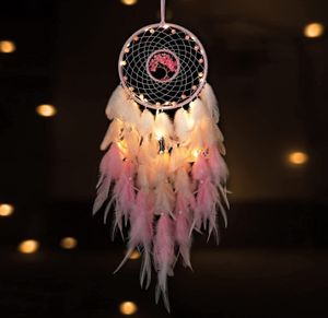 Traumfänger mit LED Licht Handgefertigt Dreamcatcher mit Federn Böhmen Dekoration für Schlafzimmer Wandbehang Ornament Mädchen Kinder Geschenk,